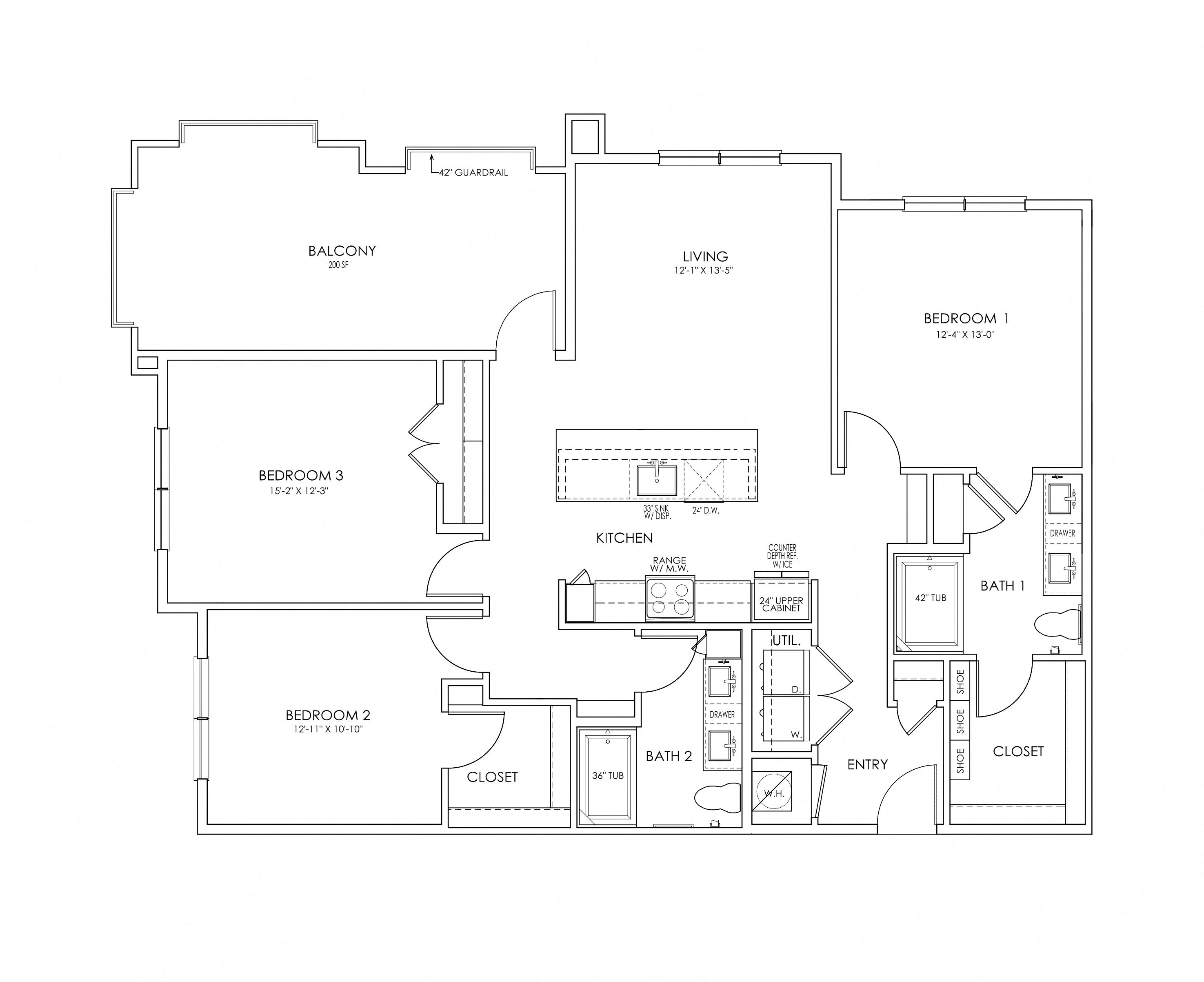 Floor plan for 3 beds, 2 baths, 1363 sqft